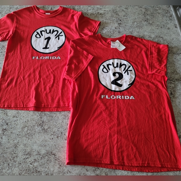 Couples Novelty Shirt Drunk 1 & Drunk 2 Red Tops - Picture 2 of 10
